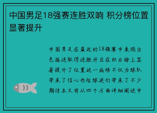 中国男足18强赛连胜双响 积分榜位置显著提升 中国男足18强赛连胜双响 积分榜位置显著提升